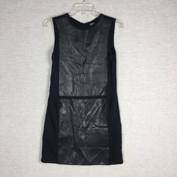 Vince Leather Panel Shift Dress Women's Size 0 Black Silk Sleeveless Short - Picture 1 of 11